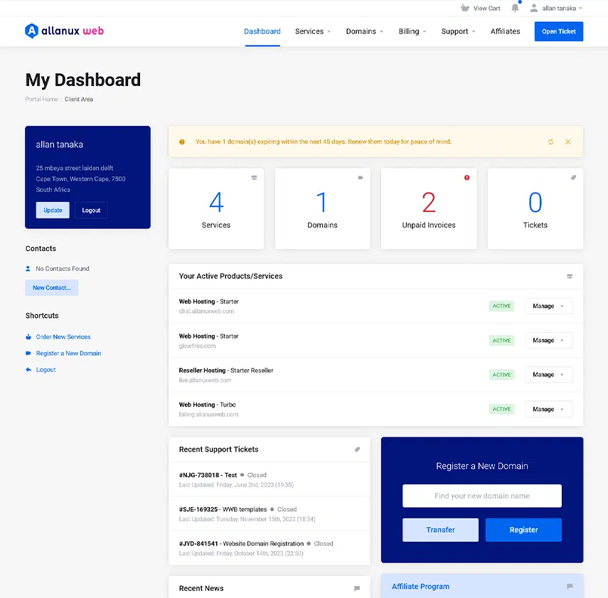 WHMCS Client Area Dashboard